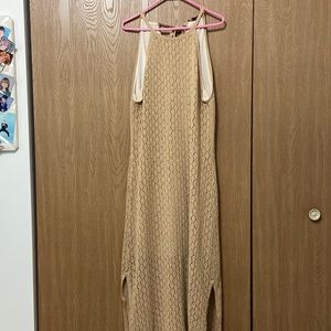 Full length, high neck, knitted, khaki sun dress with side slits  XL